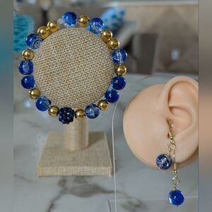 Blue and Gold Beaded Bracelet and Earring Set (6.75")